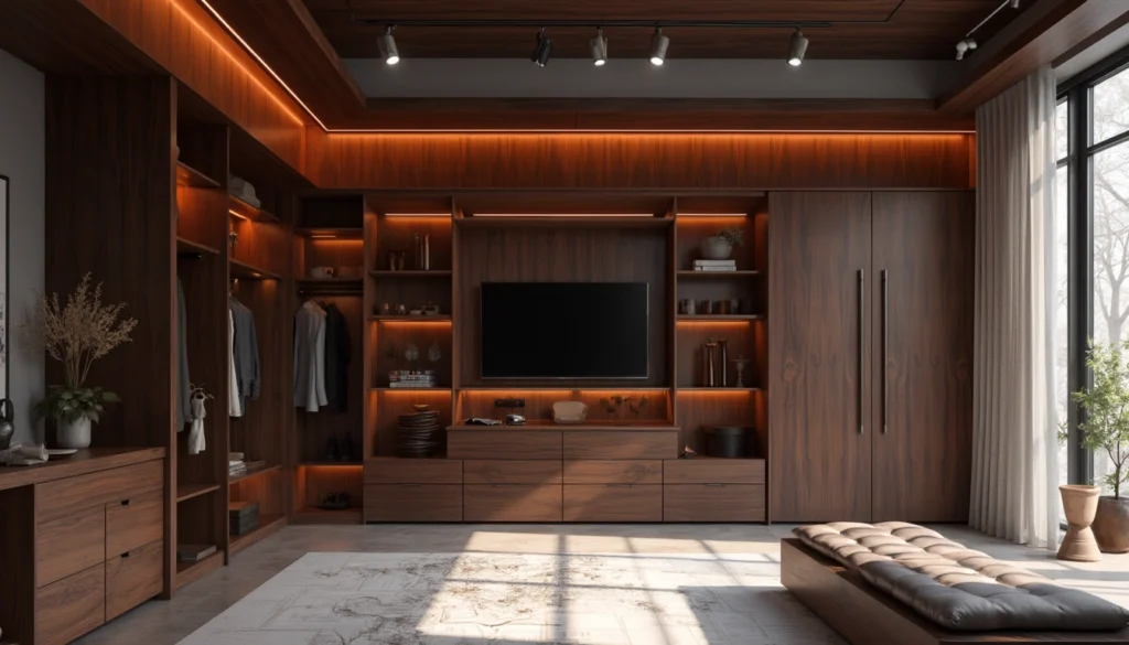 Mobilier sur mesure en bois intégrant des rangements pratiques dans un intérieur moderne en Suisse