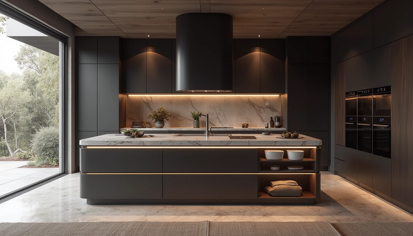 Cuisine personnalisée avec rangement optimisé, présentant des tiroirs coulissants et des étagères ouvertes.