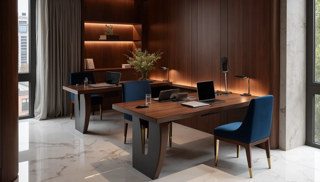 Espace de travail luxueux dans un hôtel avec du mobilier sur mesure et technologie intégrée