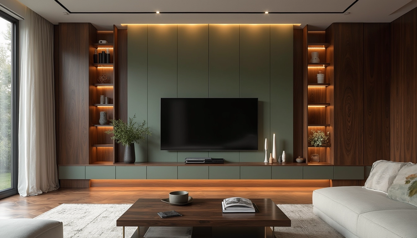 Un salon moderne avec des meubles design sur mesure en bois et tissus élégants