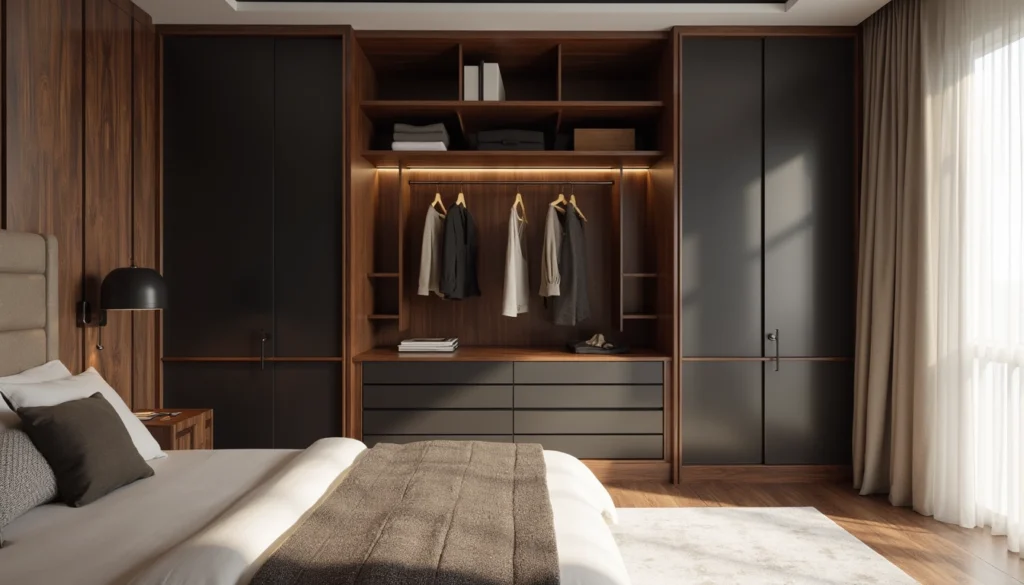 Solutions de rangement sur mesure intégrées dans un hôtel haut de gamme, mettant en valeur l'optimisation des petits espaces.