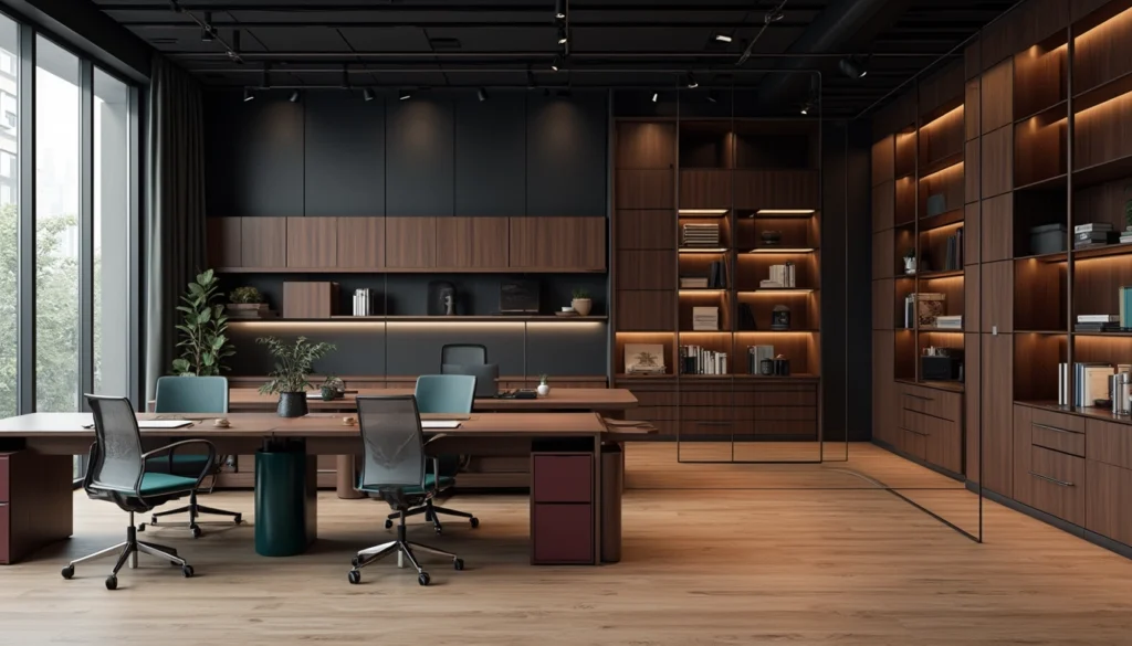 Bureau sur mesure intégré avec mobilier ergonomique et rangements personnalisés