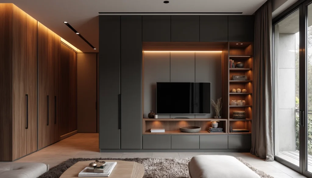 Meubles sur mesure optimisant l'espace de rangement dans un appartement moderne