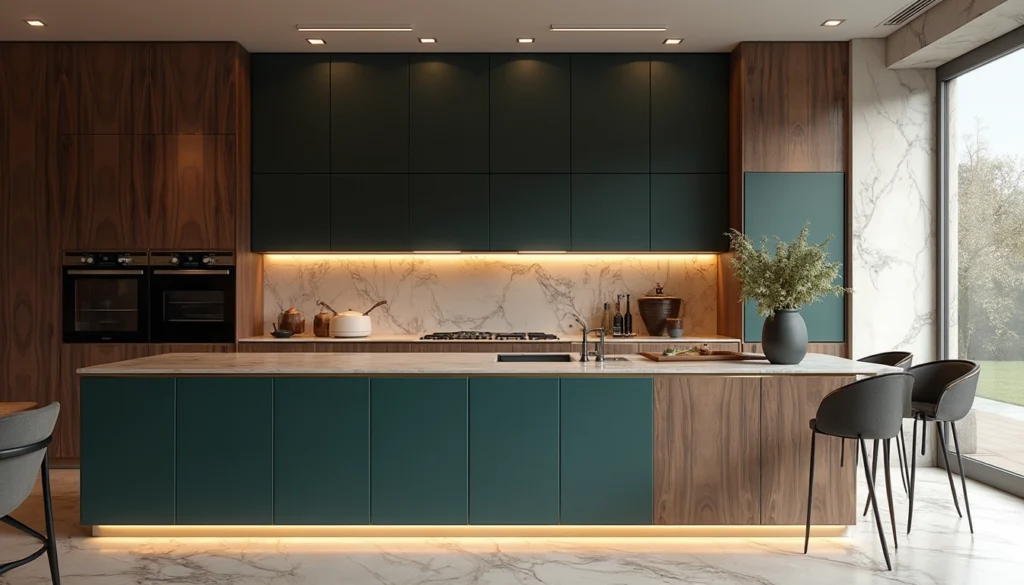 Cuisine sur mesure moderne en bois massif avec îlot central spacieux et rangements intégrés