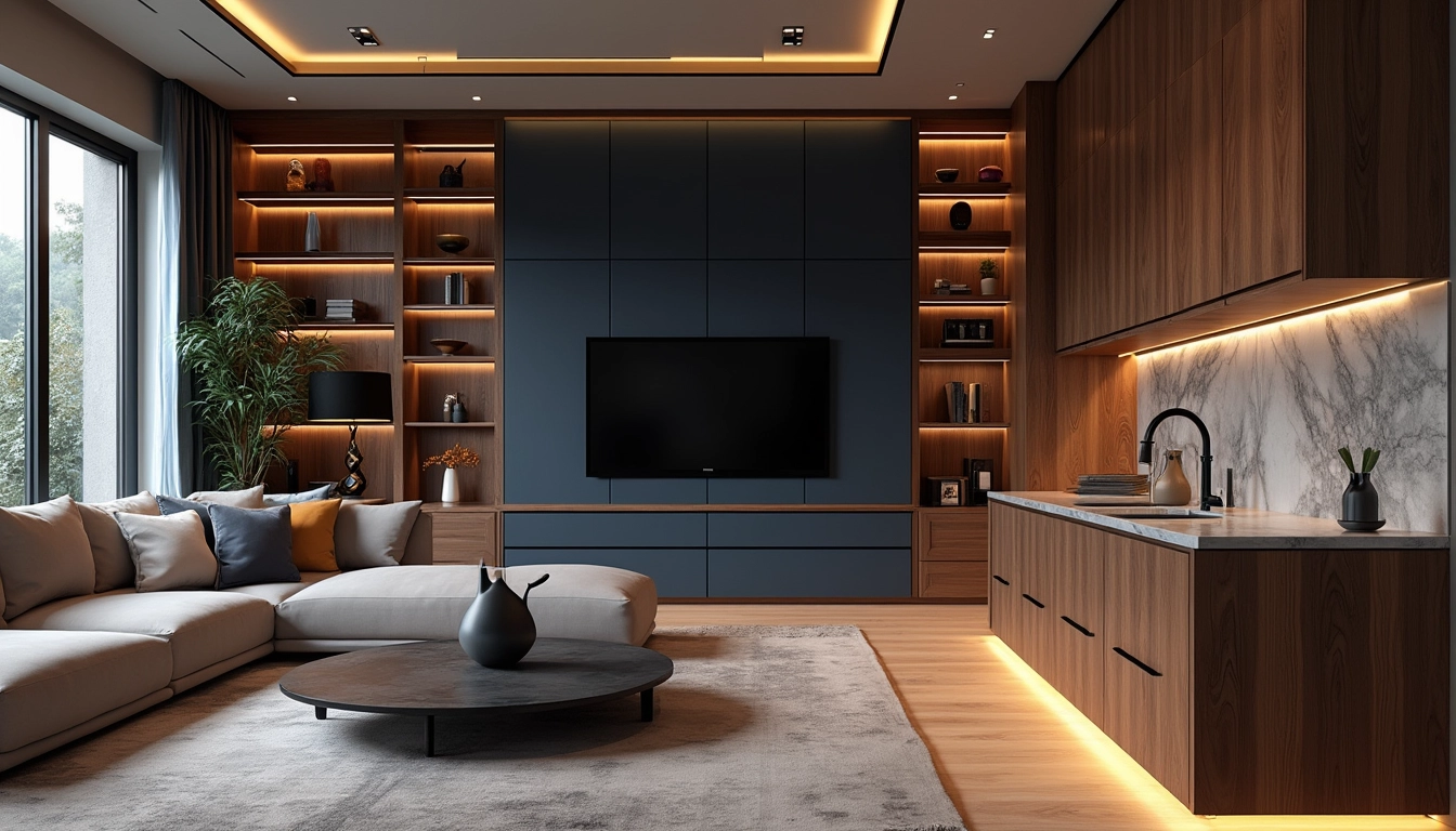 Meubles sur mesure intégrés dans un intérieur rénové, maximisant l'espace disponible.