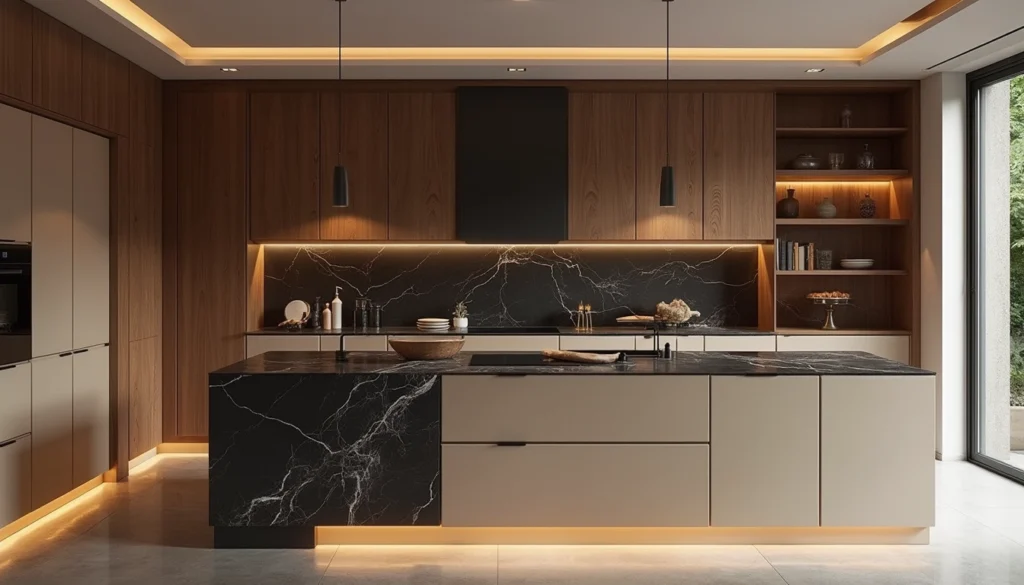 Placards sur mesure intégrés dans une cuisine moderne, optimisant l'espace et le rangement